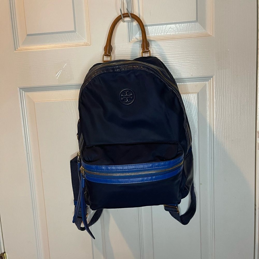 Tory Burch Perry Navy Blue Nylon small backpack royal blue leather trim .